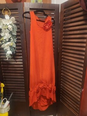 Sleeveless Orange Asymmetrical Maxi Dress with Floral Accent